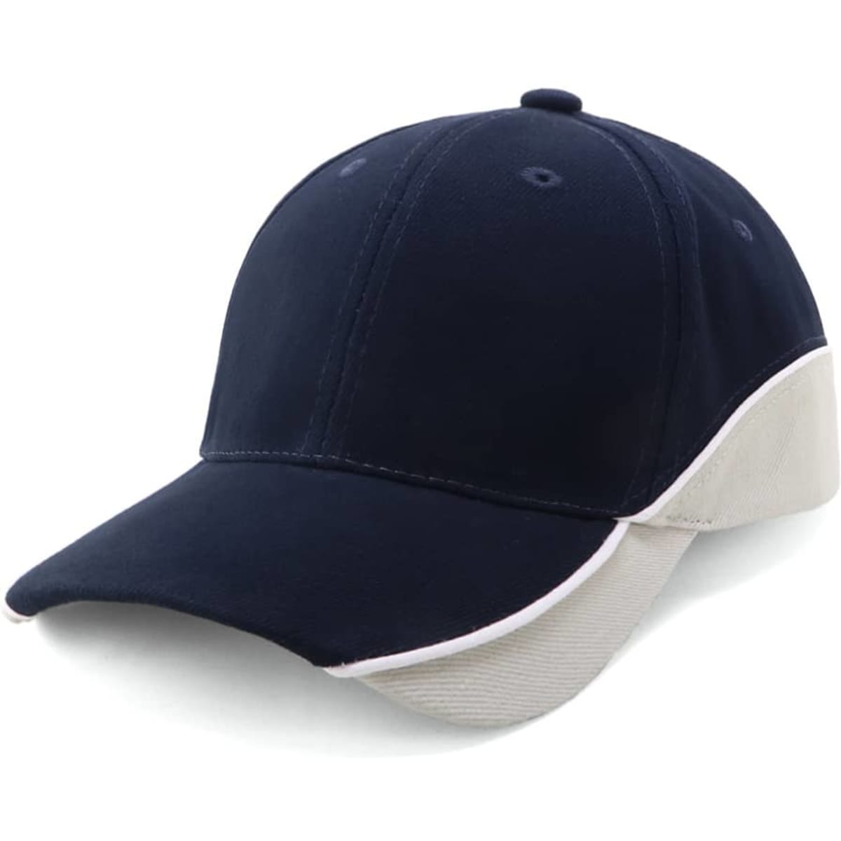 A navy cap with a cream underside and a logo at the back, designed for outdoor adventures.