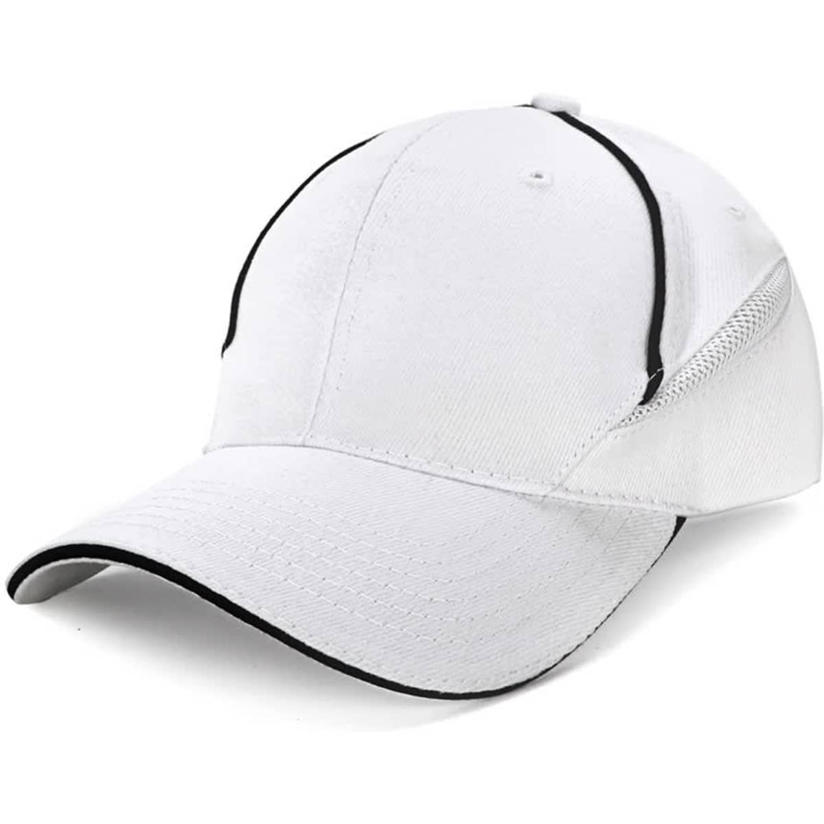 A white cap with black accents and a logo. The cap features a curved brim and mesh detailing on the sides.