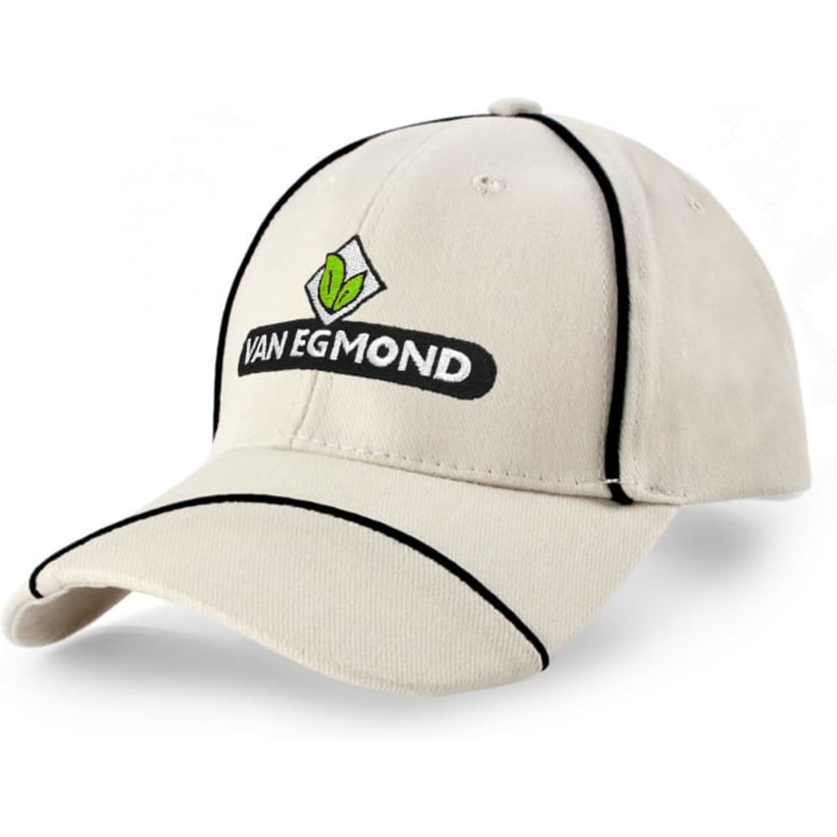 A cream cap with black piping and a logo on the front. It features a structured baseball-style design.