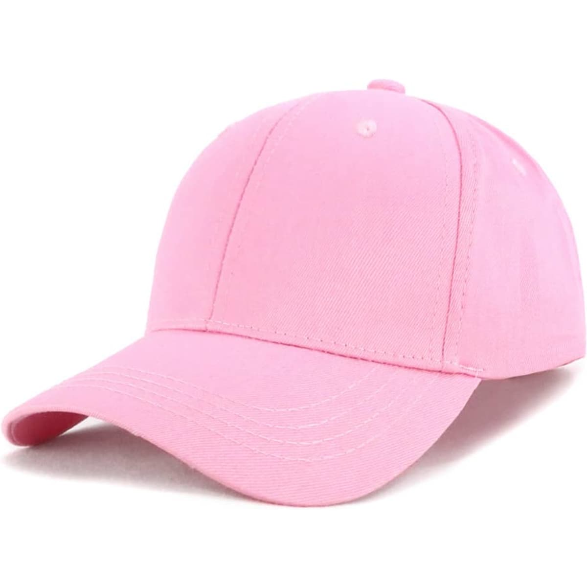 A pink kids' cap with a curved brim and a logo on the front.