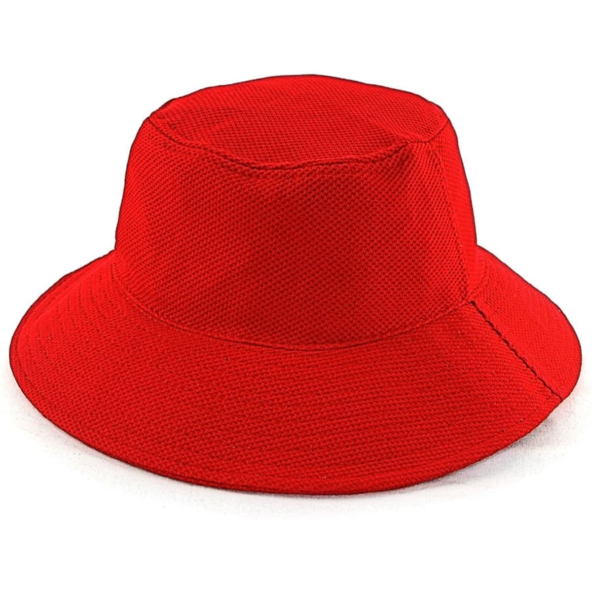 A red PQ Mesh Bucket Hat featuring a wide brim and breathable fabric, with a logo on the side.
