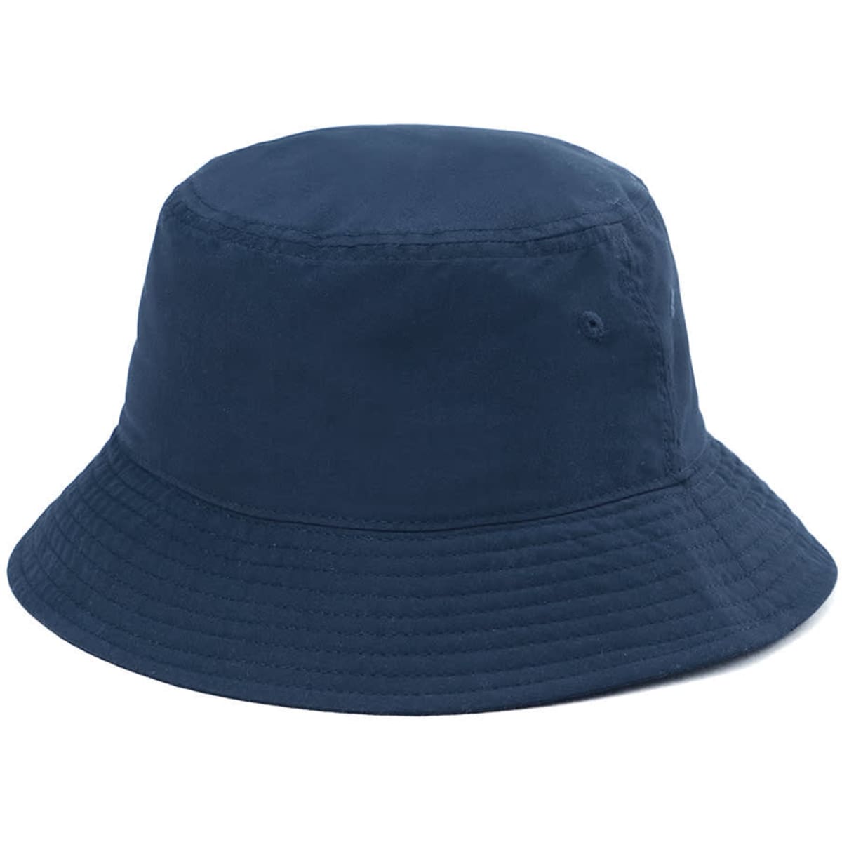 A navy blue bucket hat with a wide brim and a simple design, featuring a logo.