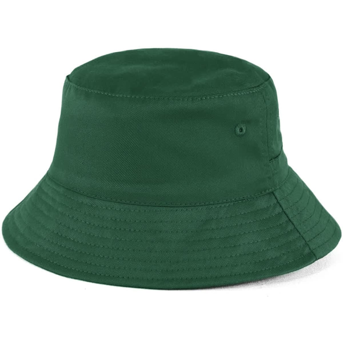 A green bucket hat with a wide brim and a simplistic design. It features a logo on the side.