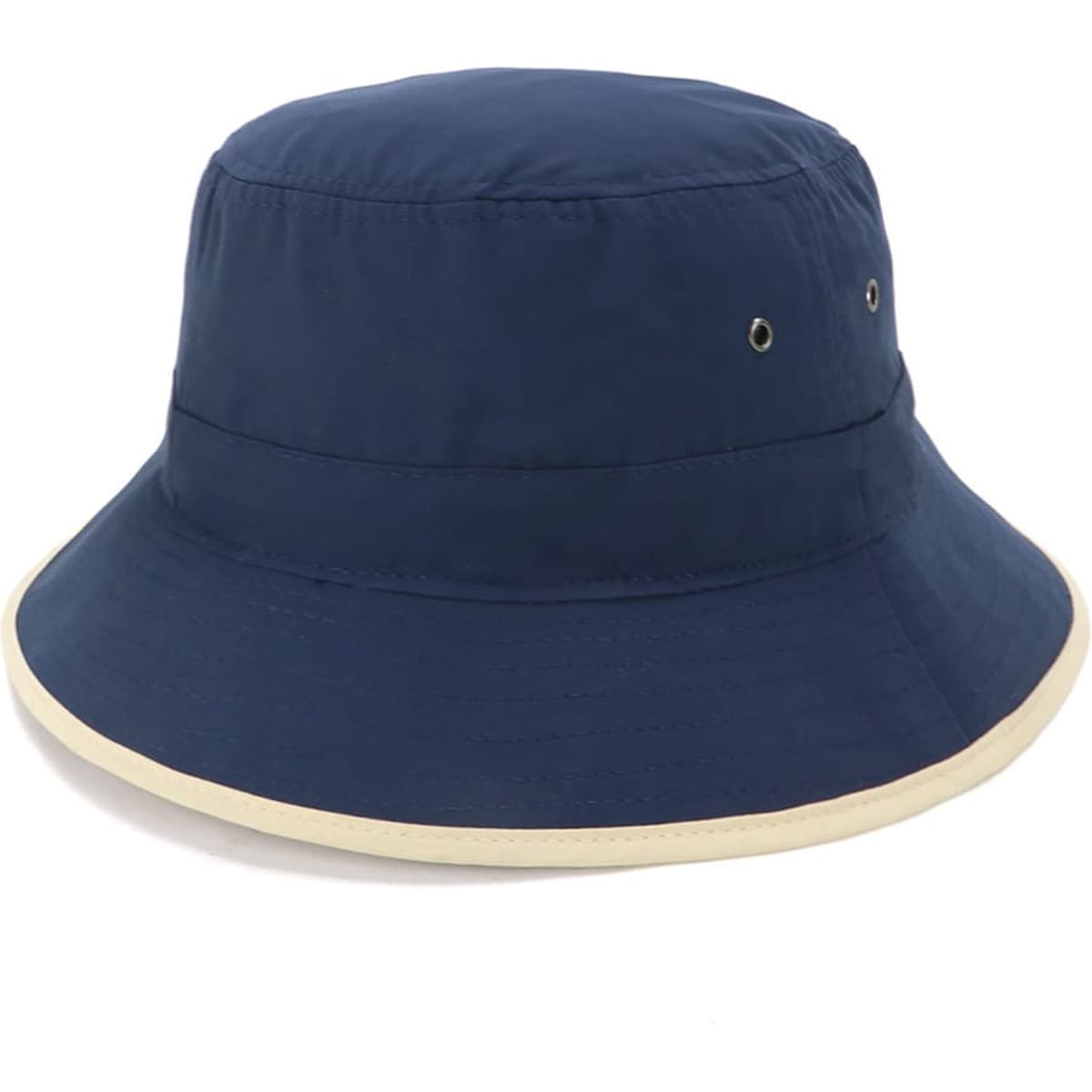 A navy microfibre bucket hat with a cream trim, featuring metal eyelets for ventilation and a simple design.