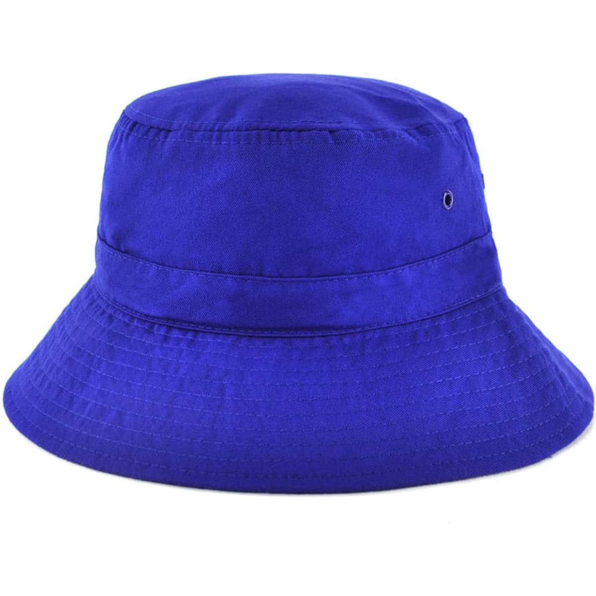 A bright blue bucket hat with a round crown and wide brim, featuring a small logo.