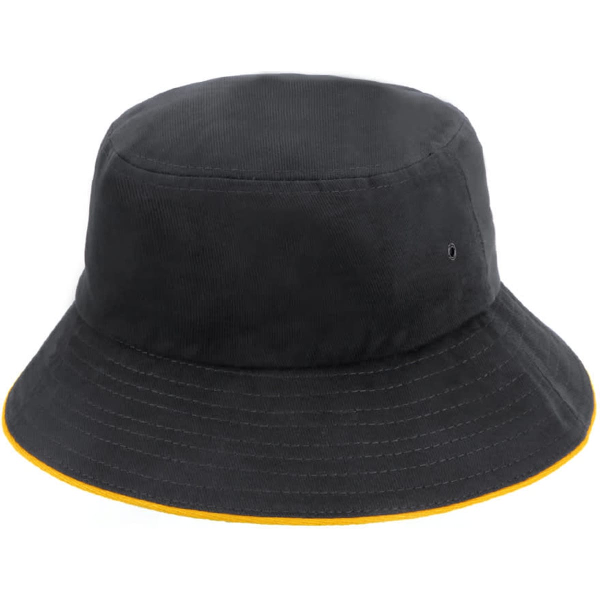 A black bucket hat with a yellow highlight along the brim and a small logo detail.