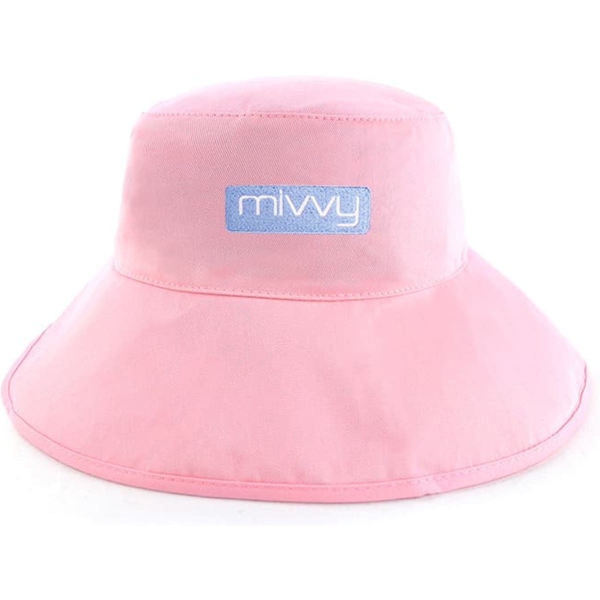 A pink bucket hat with a branded logo on the front. Features a wide brim for sun protection.