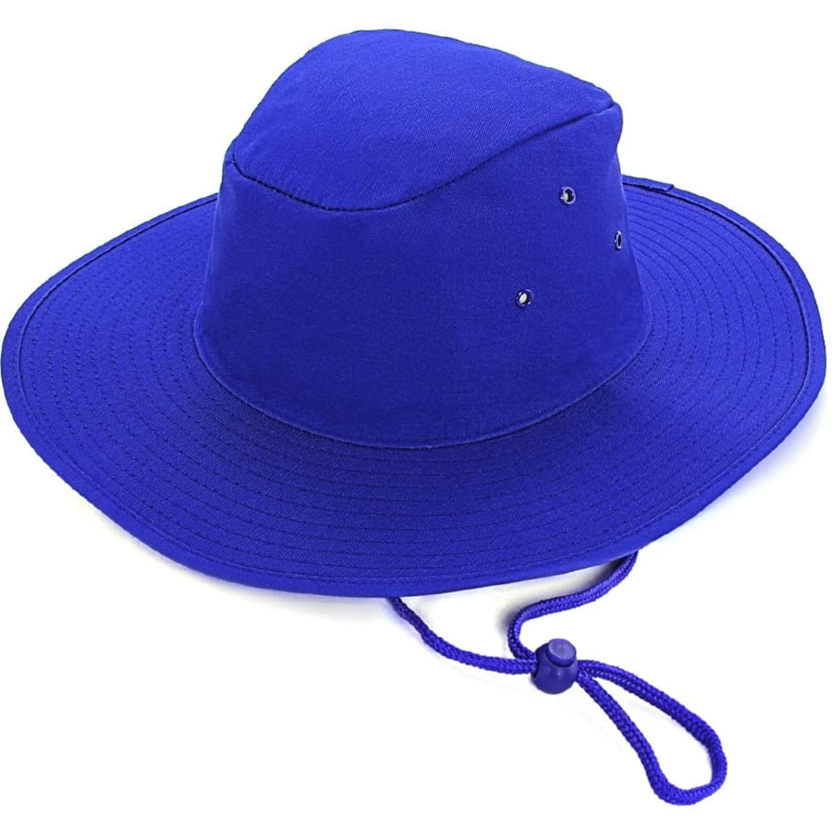 A blue Poly Cotton Slouch Hat with a wide brim and an adjustable chin strap. It features ventilation holes and has a logo.