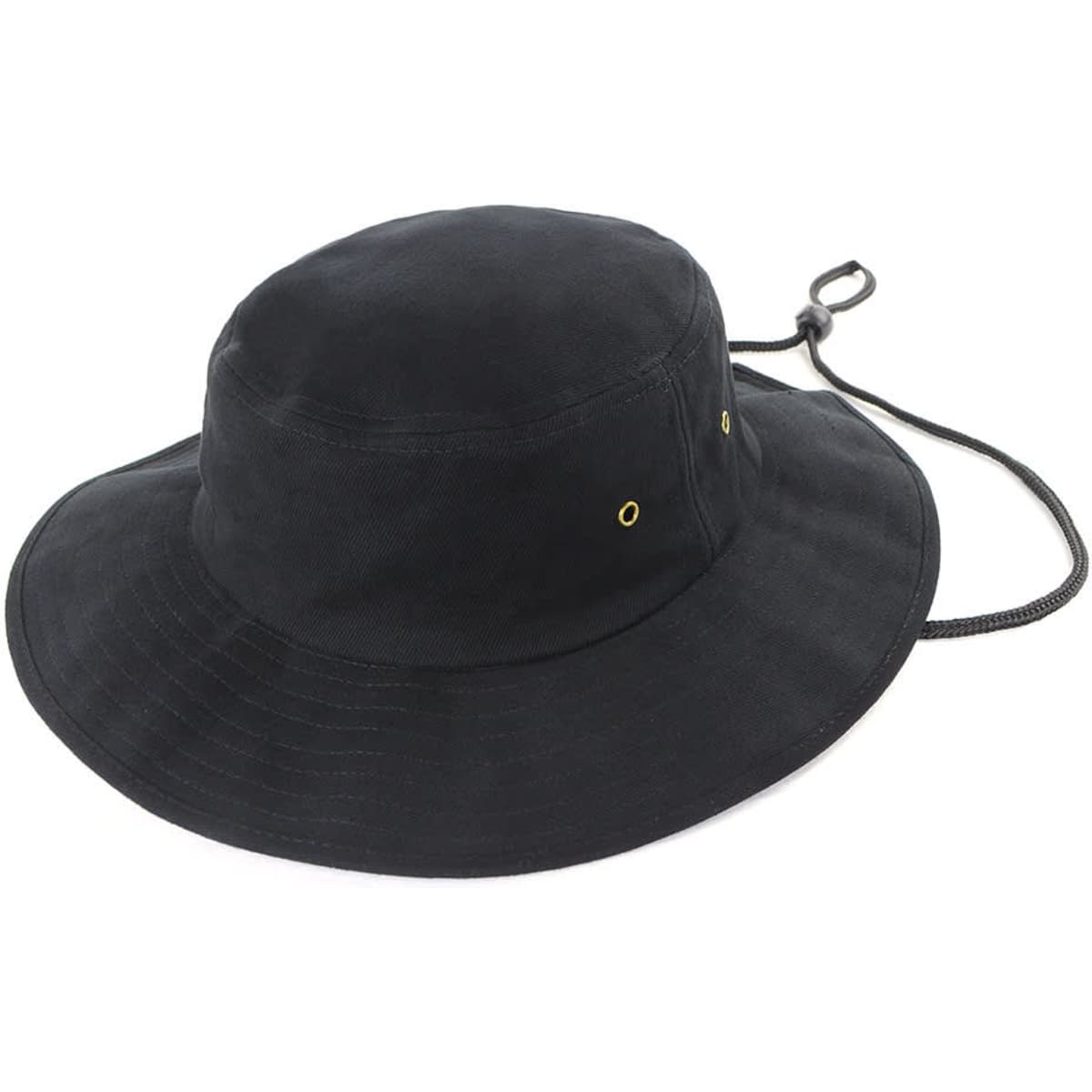 A black bucket hat with a wide brim and adjustable chin strap, featuring gold eyelets for ventilation.