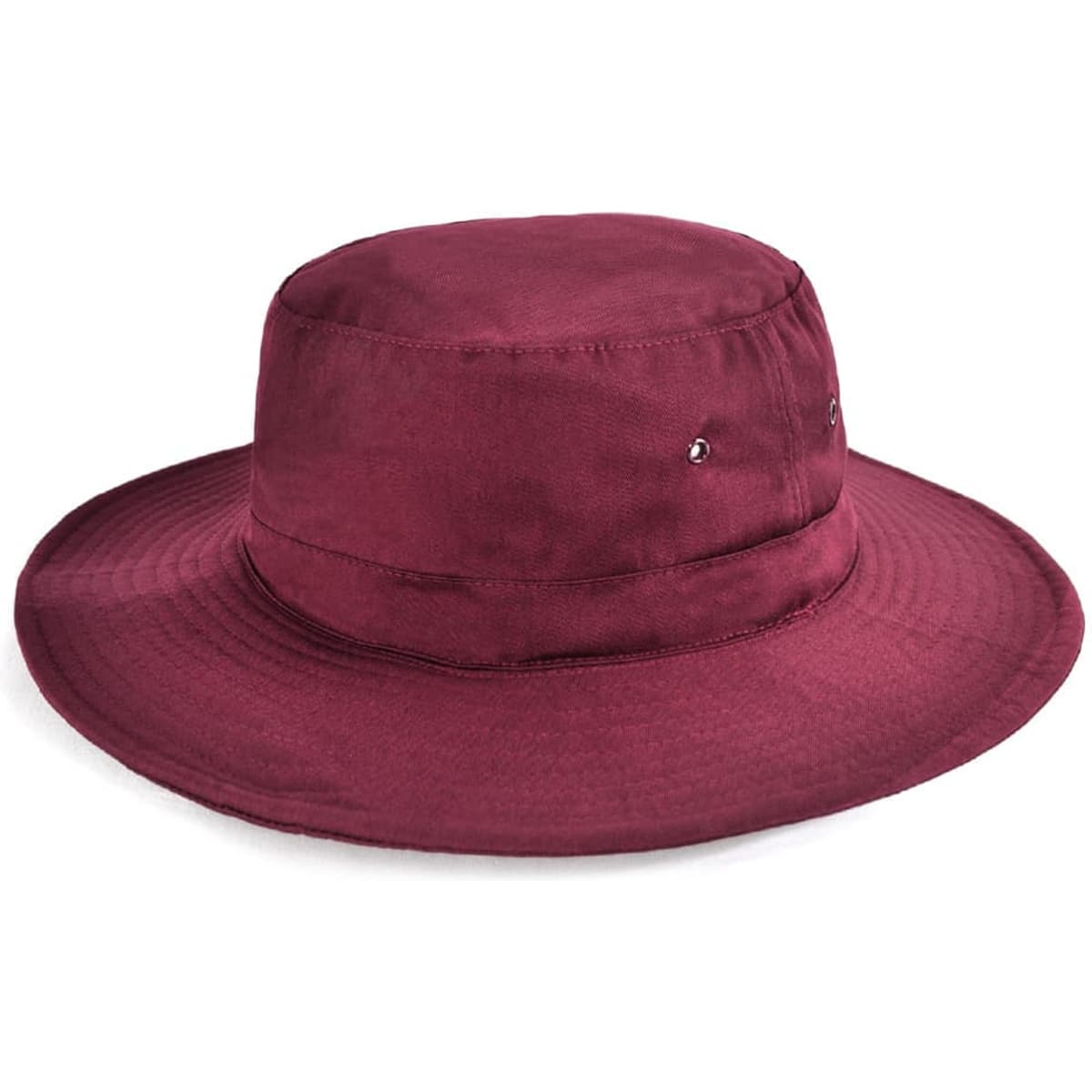 A burgundy Polyviscose school hat with a wide brim and two decorative accents on the side. Features a smooth finish.