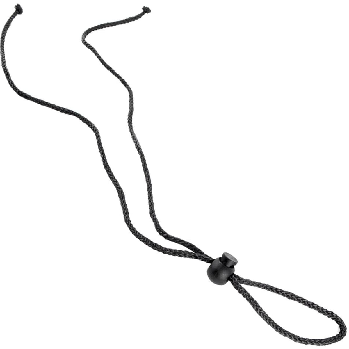 A black rope with a toggle for adjusting tightness, featuring a round bead for securing.