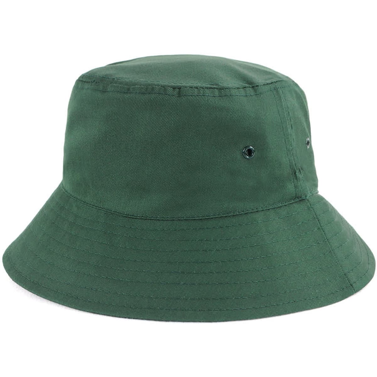 A green polycotton bucket hat featuring a wide brim and a logo detail.