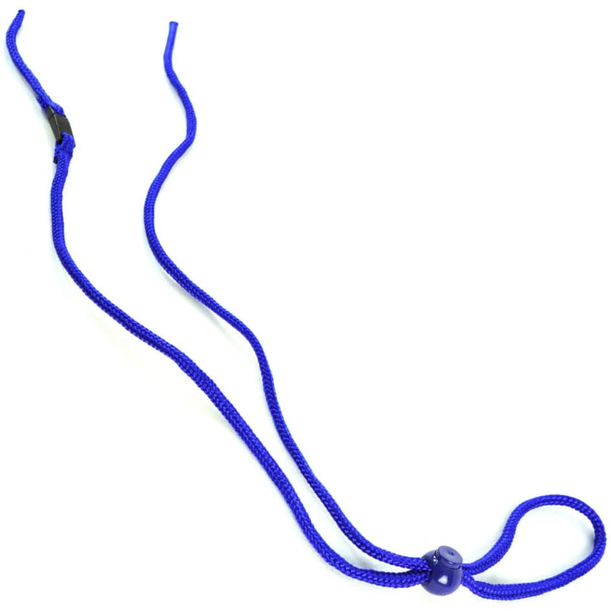 A blue rope and toggle product with a loop and bead at the end. It features an adjustable mechanism.