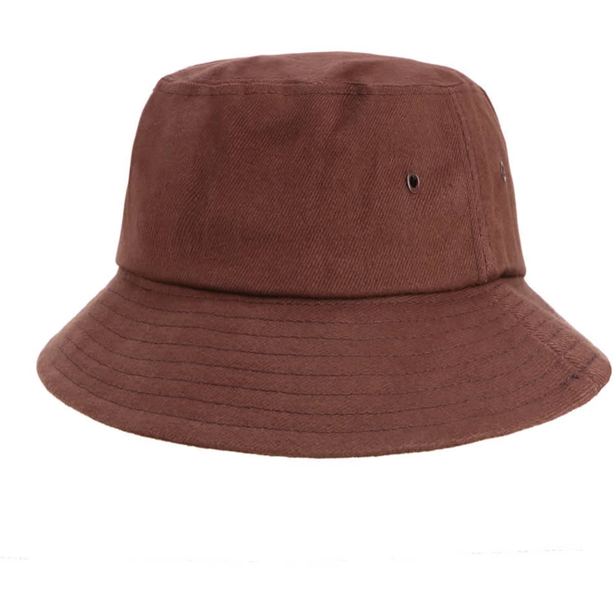 A brown bucket hat with a wide brim, featuring a simple design and small ventilation holes.