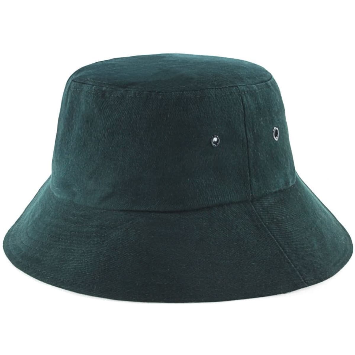 A green bucket hat with a wide brim and eyelets, made from soft fabric. It features a simple design without text.