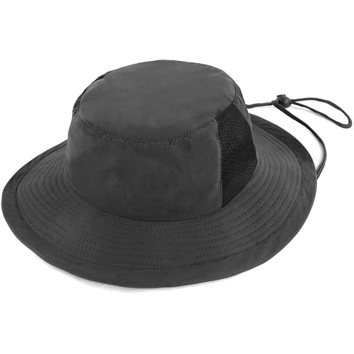 A black microfibre bucket hat featuring a mesh panel, with a chin strap for secure fit. It has a logo on the side.