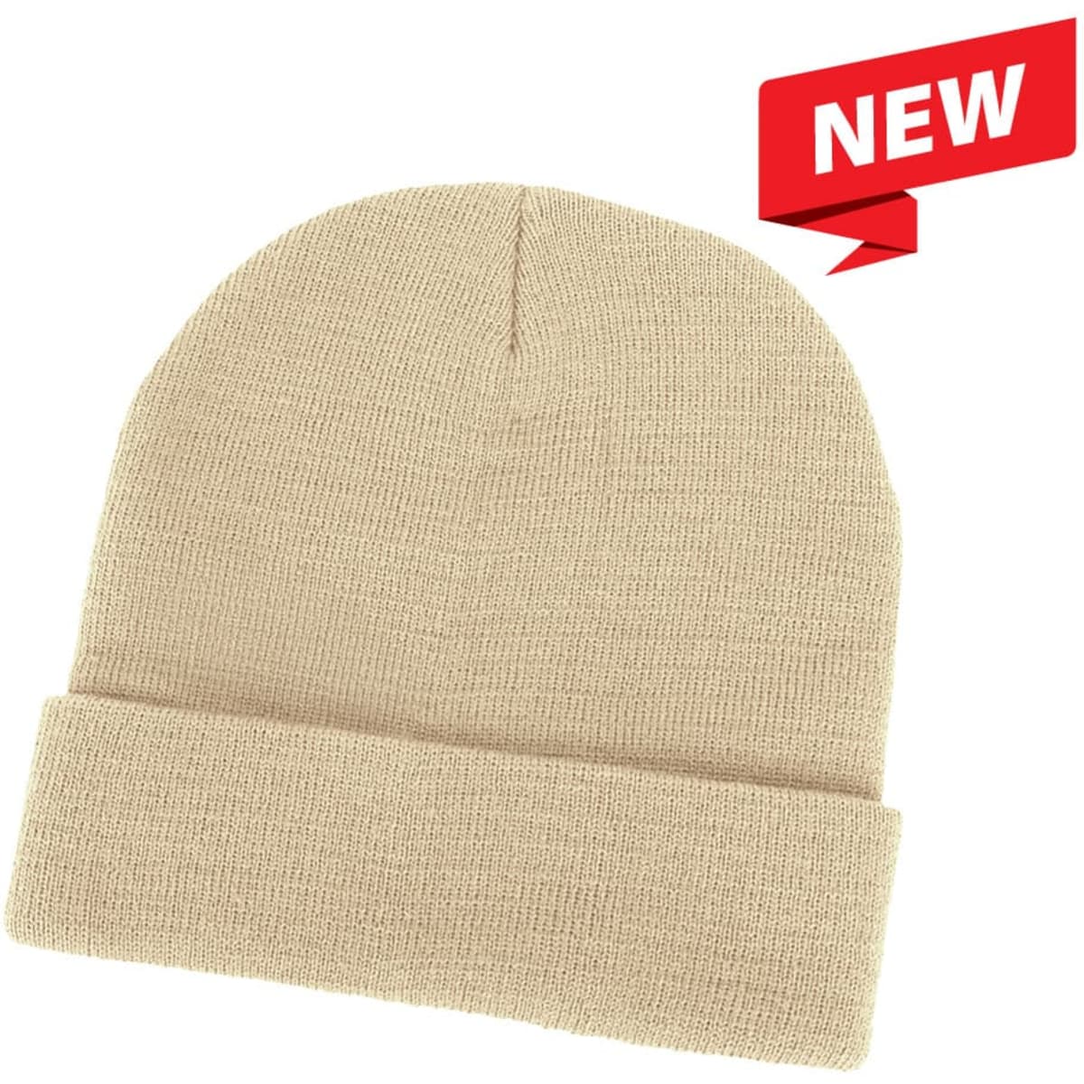 Acrylic beanie in a beige colour with a folded cuff. Features a logo on the side.