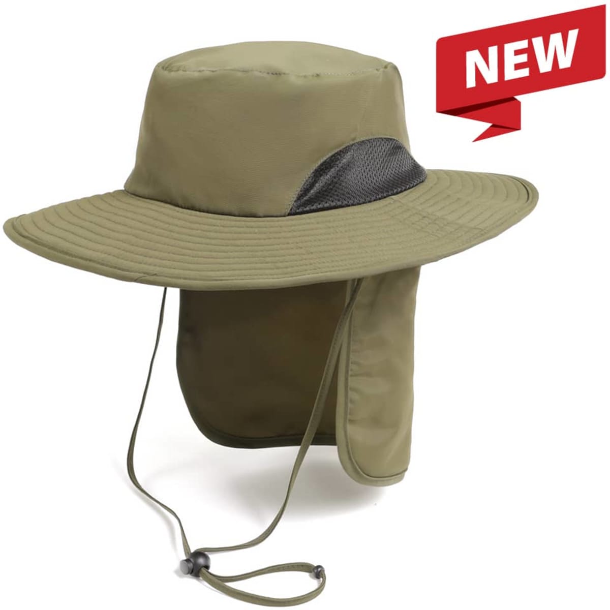 An outdoor hat in olive green with a wide brim and a neck flap; features a mesh panel and adjustable chin strap.