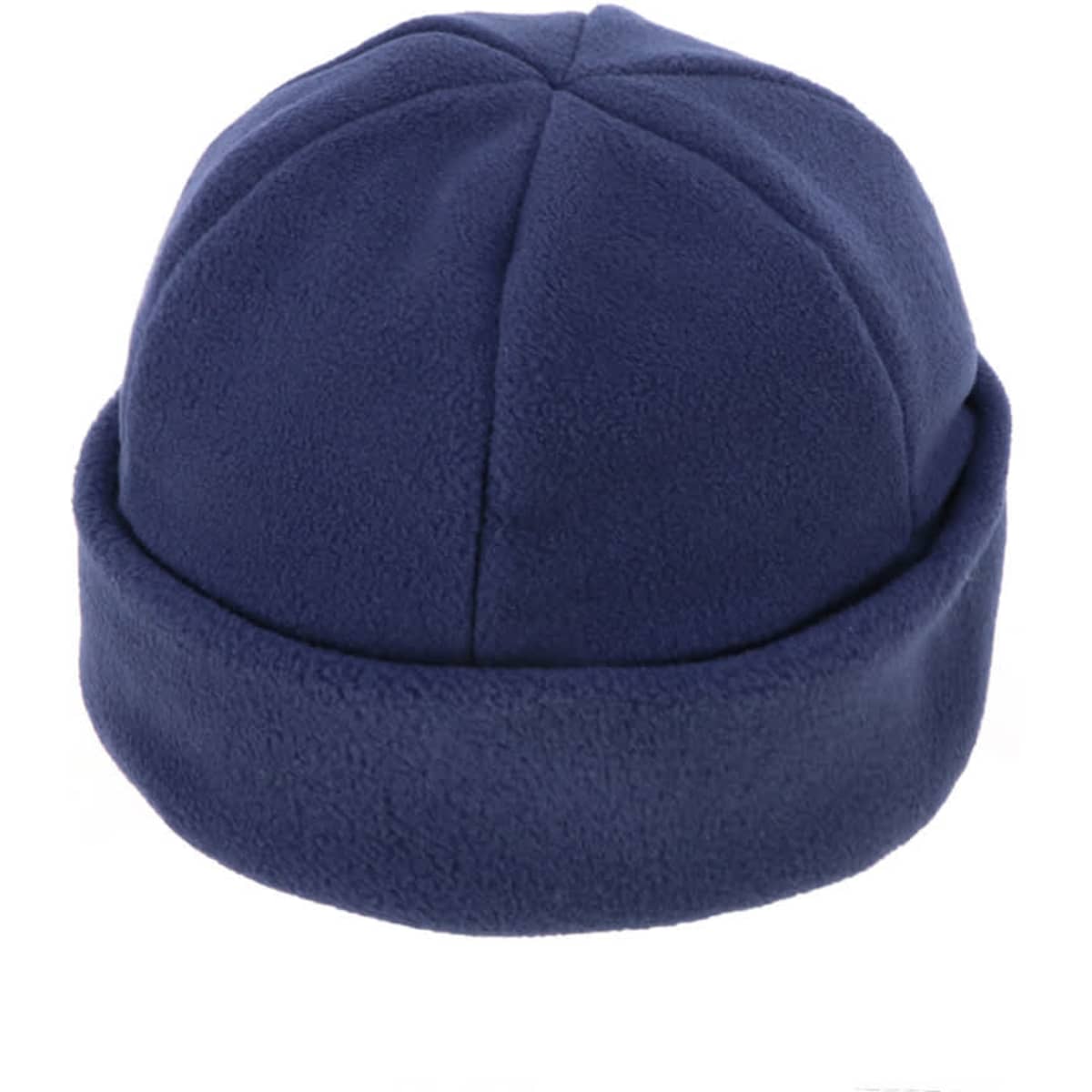 A polar fleece beanie in navy blue with a rolled cuff, featuring a simple design and soft texture.
