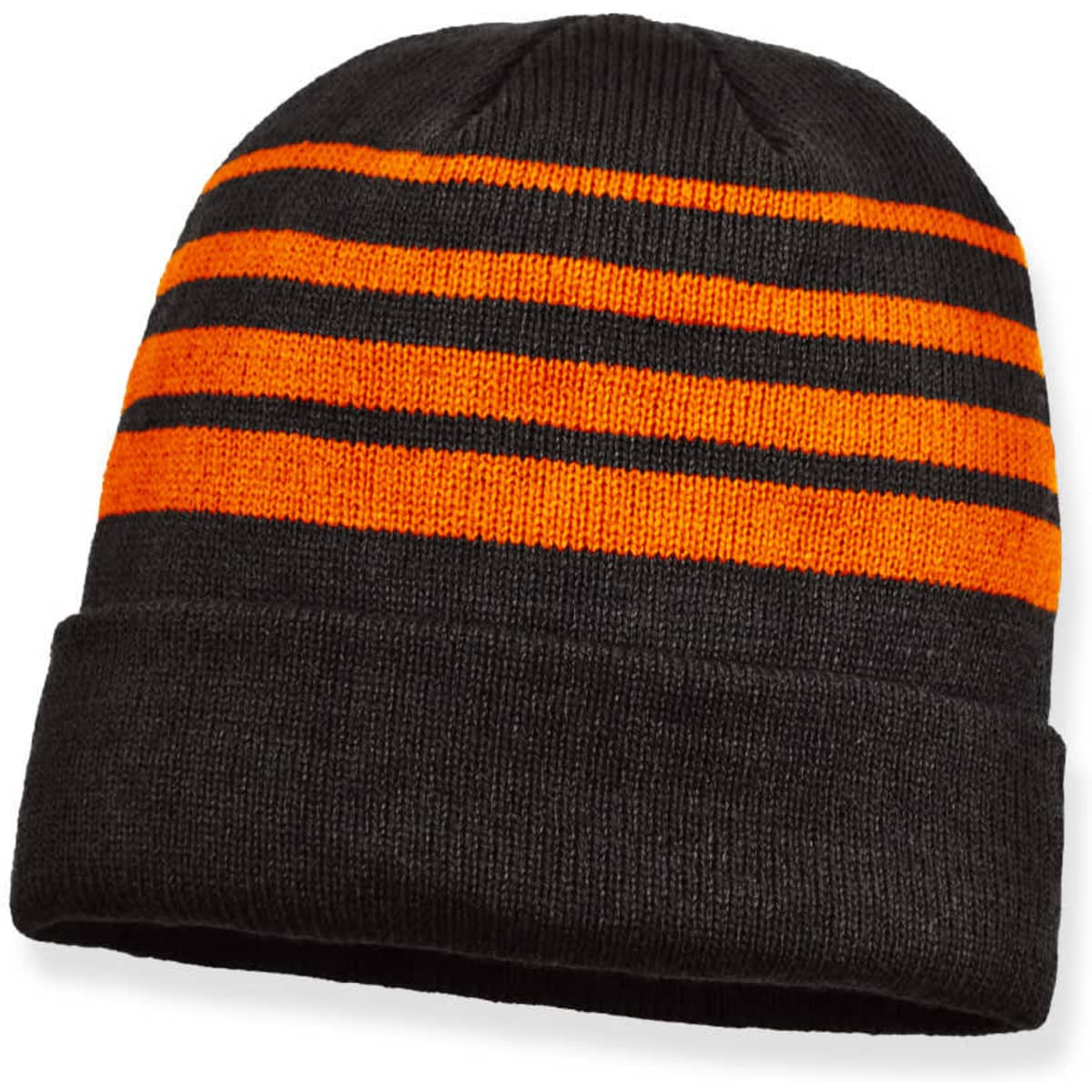 Acrylic beanie featuring black and orange stripes, with a folded cuff and a logo on the exterior.