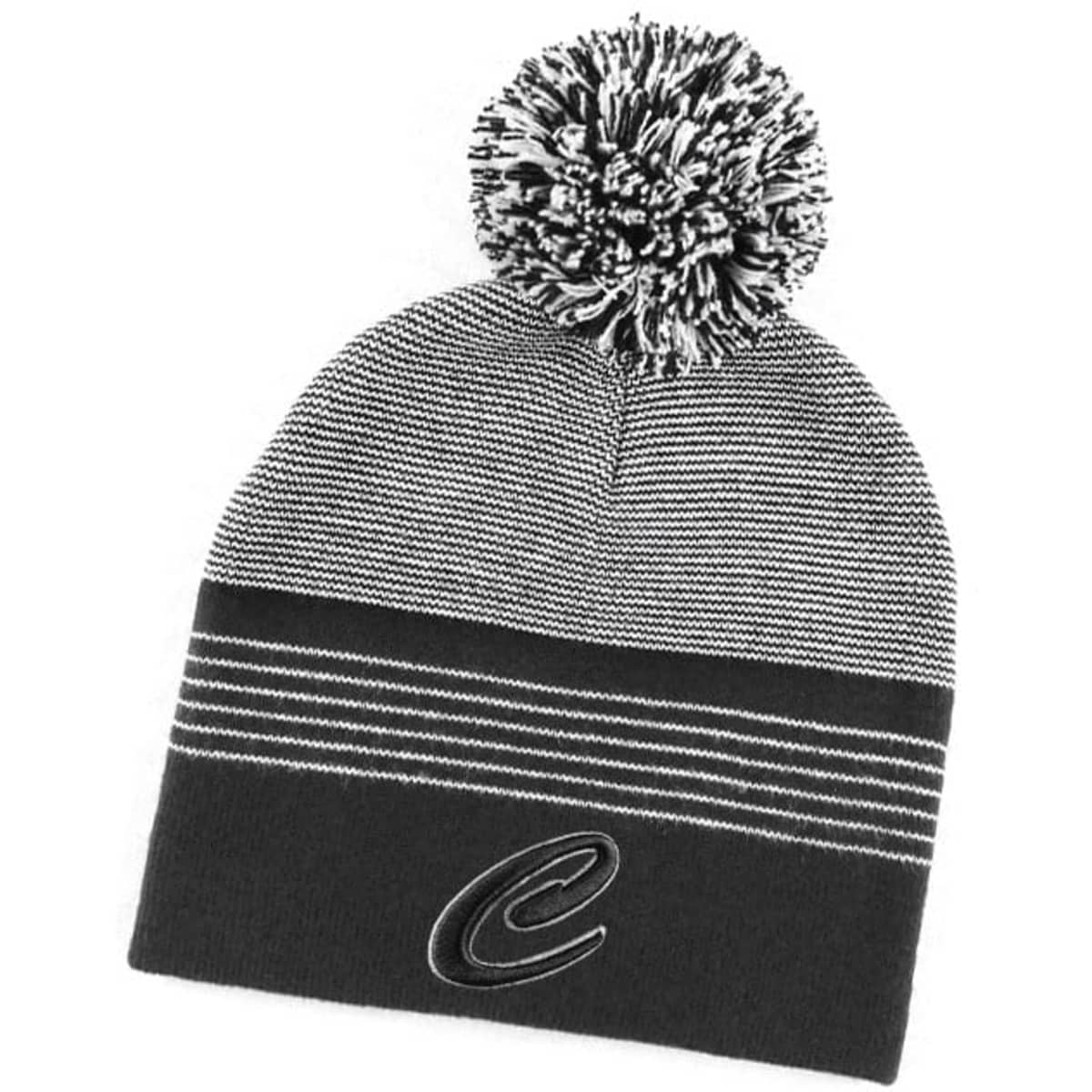 A black and grey striped beanie with a pom-pom on top and a logo at the front.