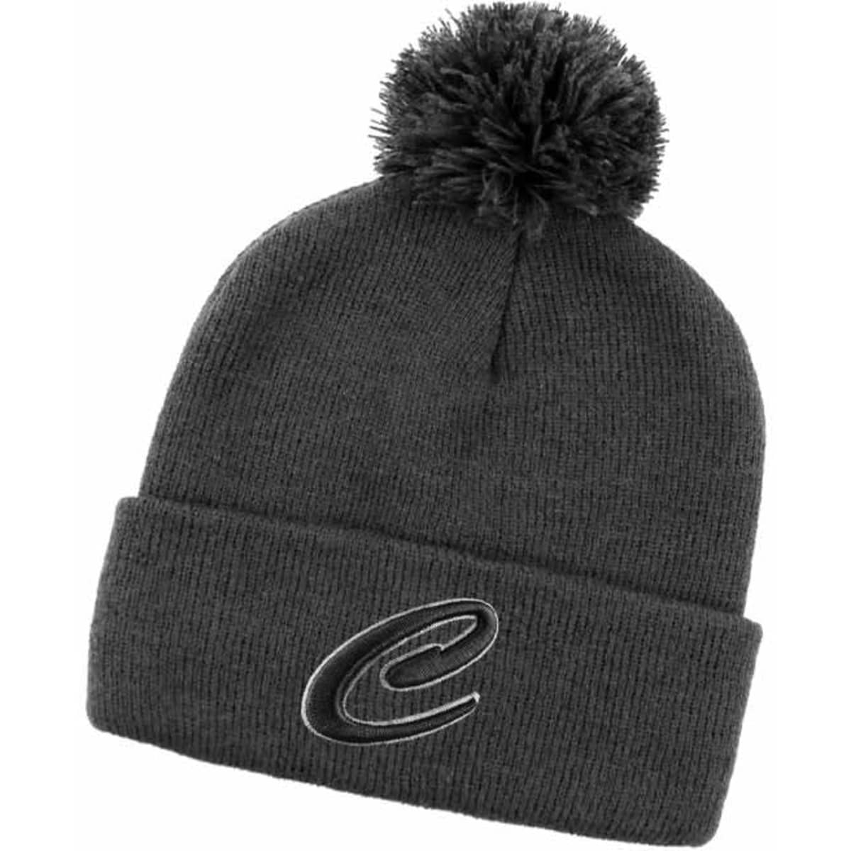 A dark grey beanie with a pom-pom on top and a logo on the front.