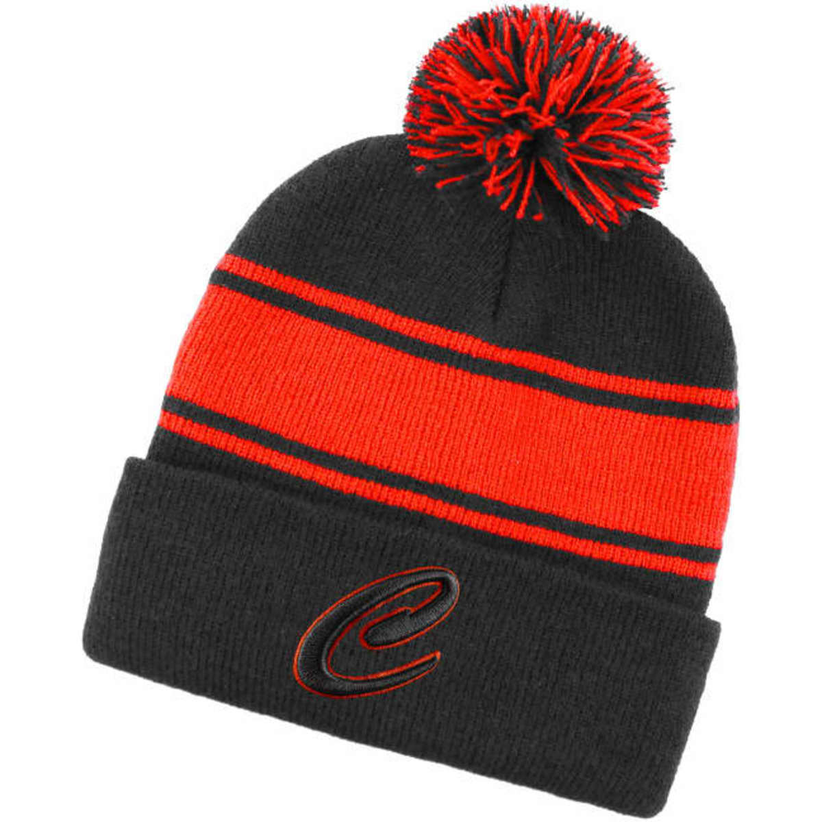 A black beanie with red stripes and a pom-pom on top, featuring a logo on the front.