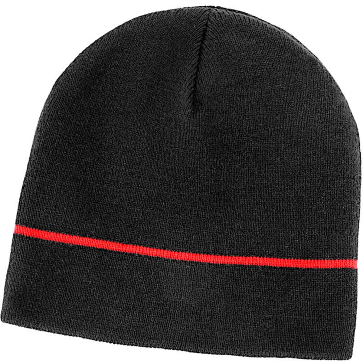 Acrylic two-tone beanie in black with a red stripe. Features a logo on the side.