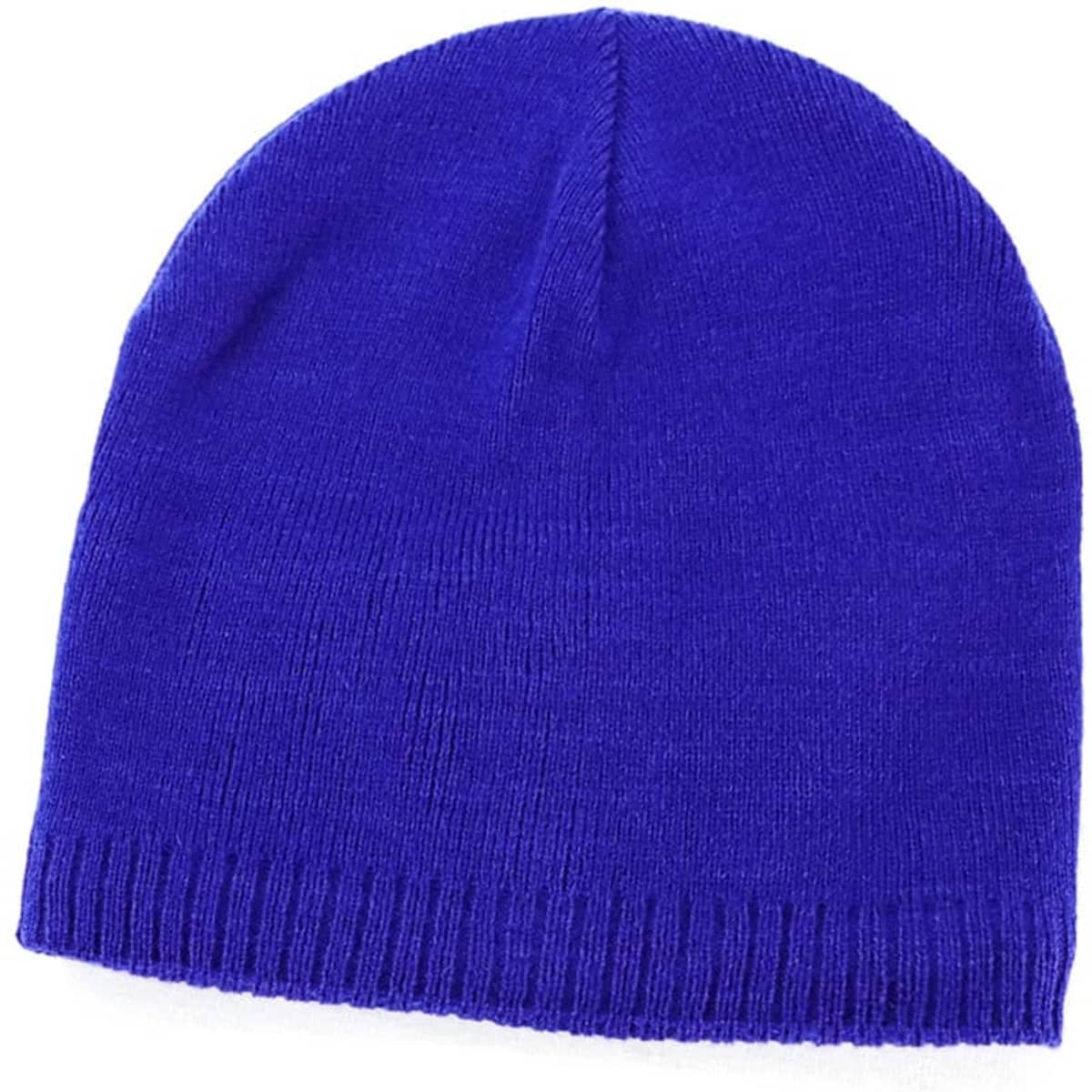 Acrylic beanie in vibrant royal blue, featuring a soft inner lining and a knitted texture. Includes a logo.