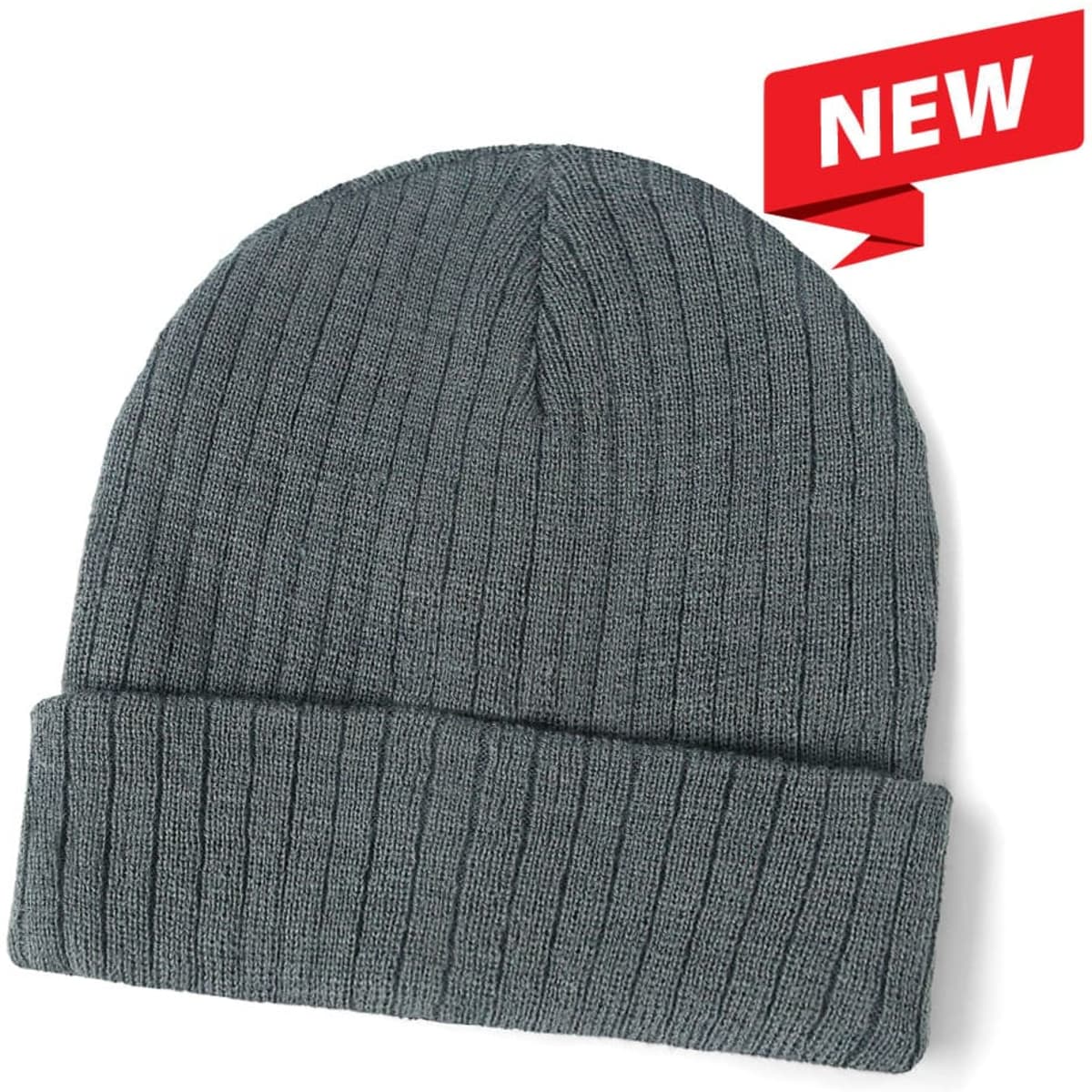 A wool blend beanie in a deep grey colour with a ribbed texture and a folded brim. It has a logo on it.