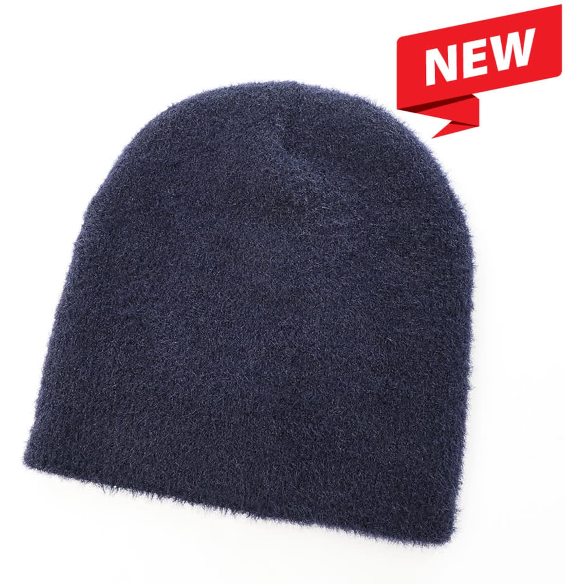 A dark navy beanie made from a soft, shaggy material, featuring a logo on the side.