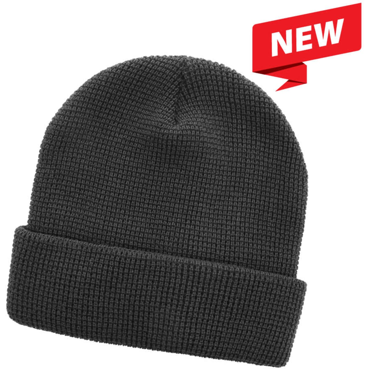 A dark grey knit beanie with a folded brim and a logo on the side.