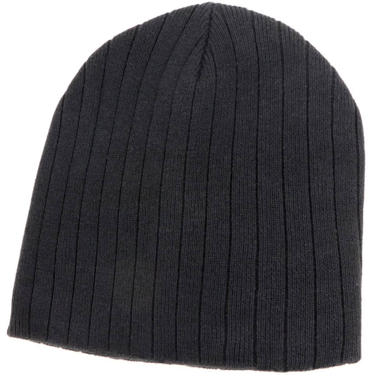 A black 100% cotton beanie featuring a ribbed texture and a simple design, including a logo.