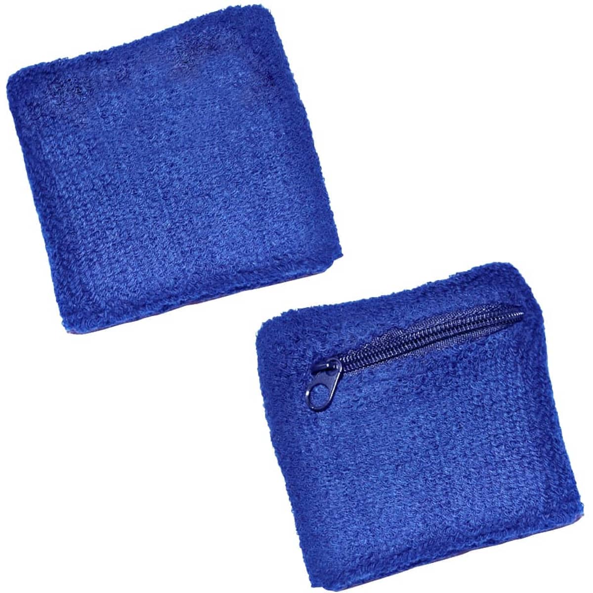 A blue wrist band with a zip pocket, featuring a textured fabric surface. It has a simple design and is square-shaped.