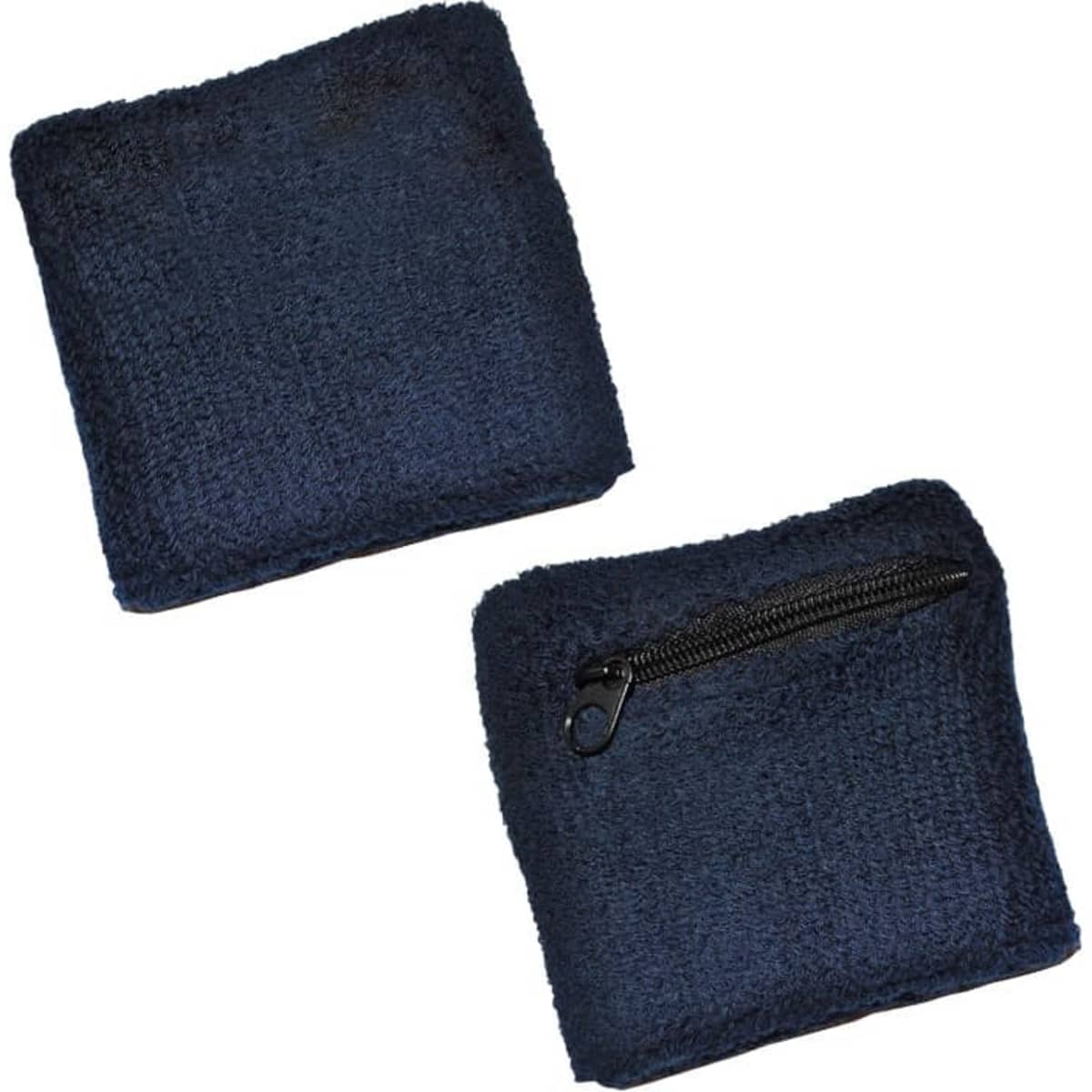A navy wristband with a zippered pocket, made of soft, absorbent fabric. It features a textured surface.