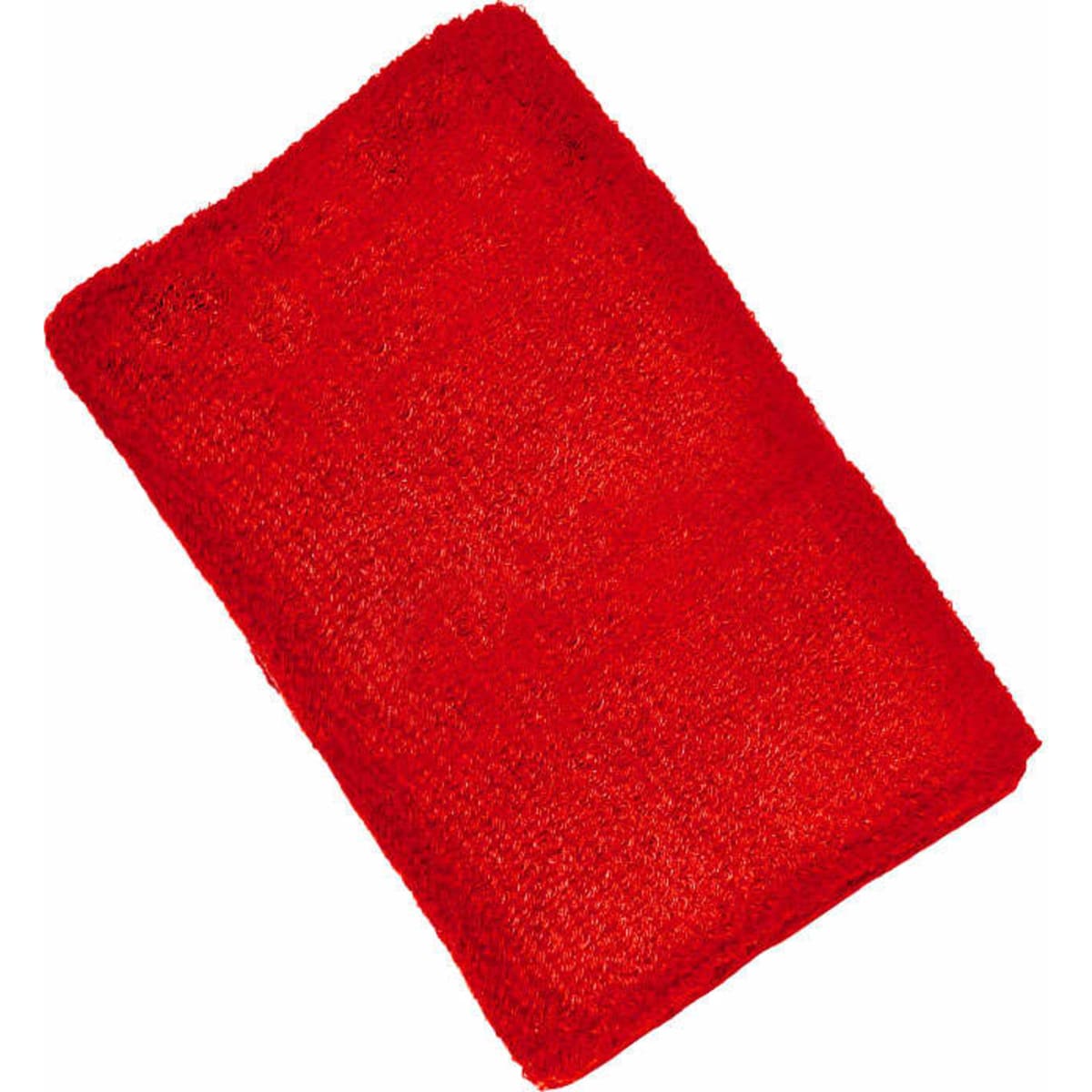 A red wristband made of soft fabric, featuring a textured surface and a logo.