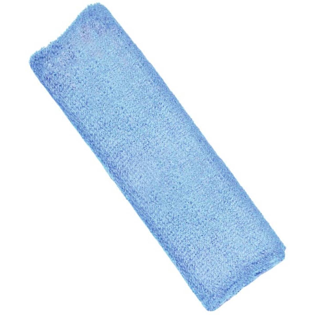 A blue terry cloth headband with a soft texture, featuring a logo or branding.