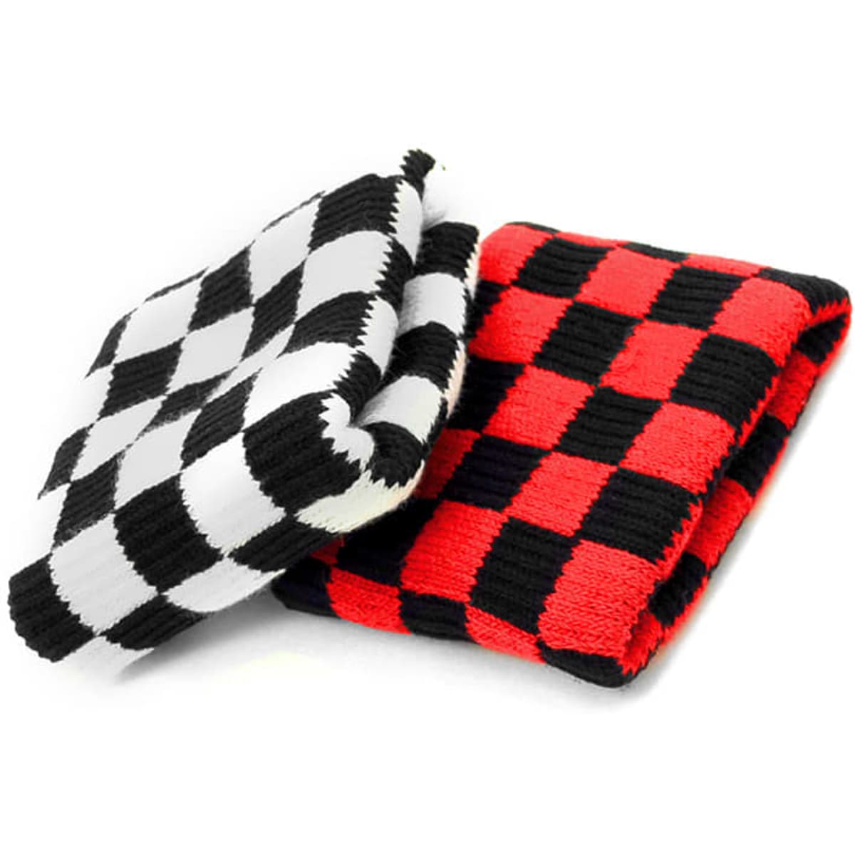 Checkered wristbands in black and white and red and black patterns, stacked on top of each other.