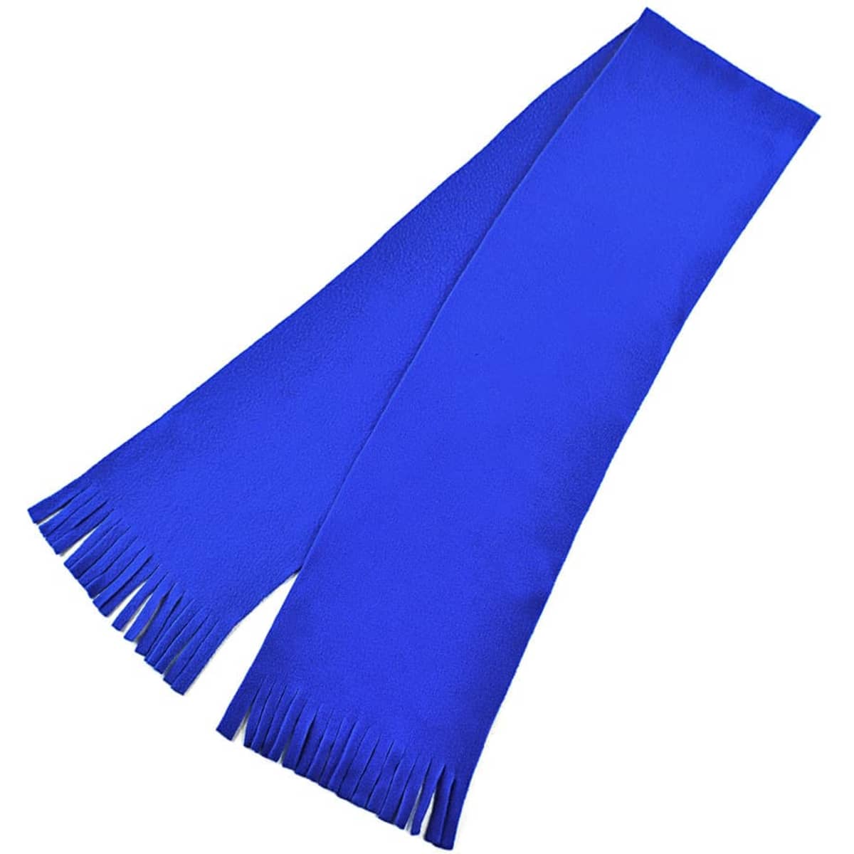 A vibrant blue scarf with fringe detailing, perfect for adding style to any outfit.