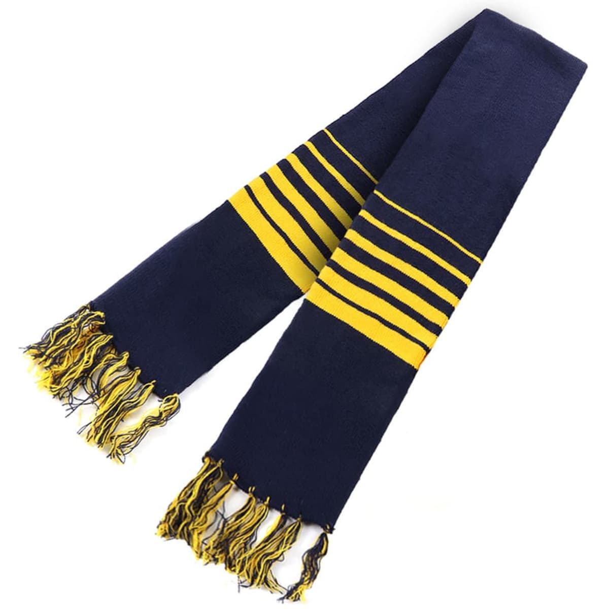 Acrylic scarf in navy blue with yellow striped patterns and fringe detailing. Features a branding logo.