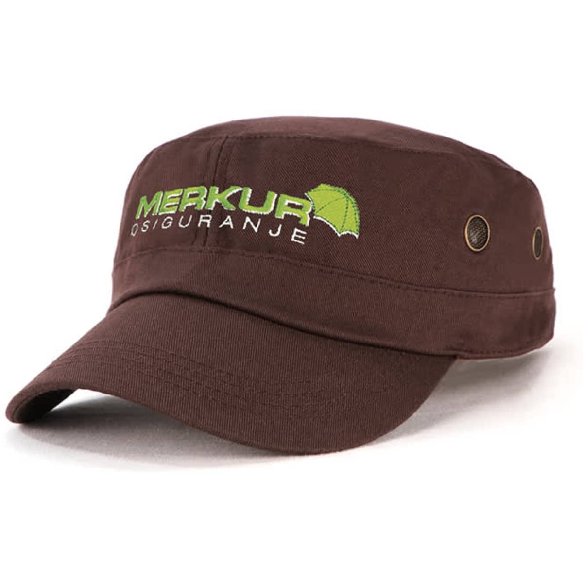 A brown military cap with a logo, featuring ventilation eyelets on the sides.