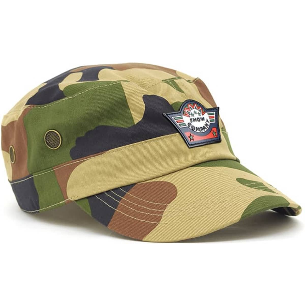 Camo military design cap in green, brown, and tan with a badge on the front. Features a stylish flat-brim design.