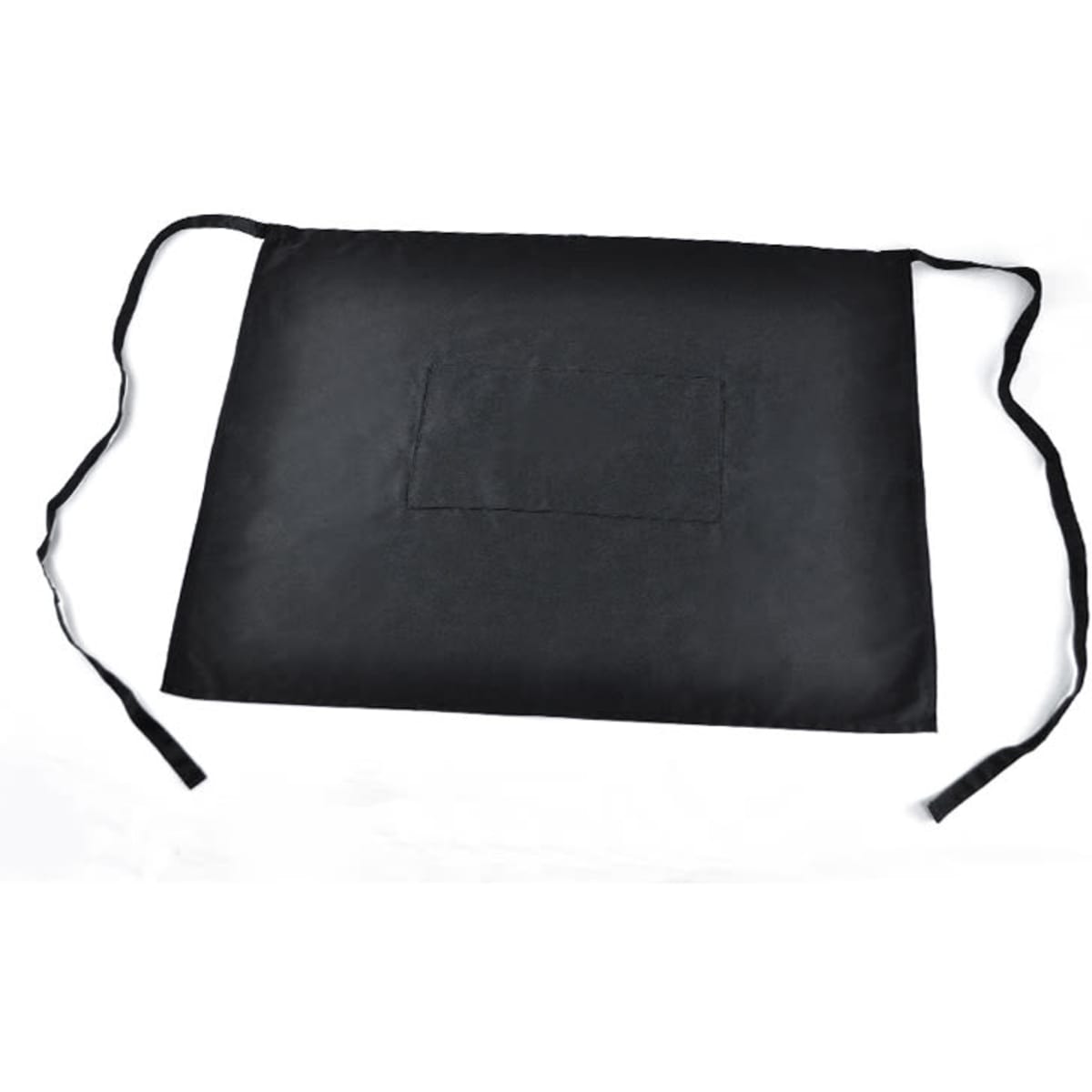 A black short waist apron with ties and a pocket, featuring a simple design and no visible branding.