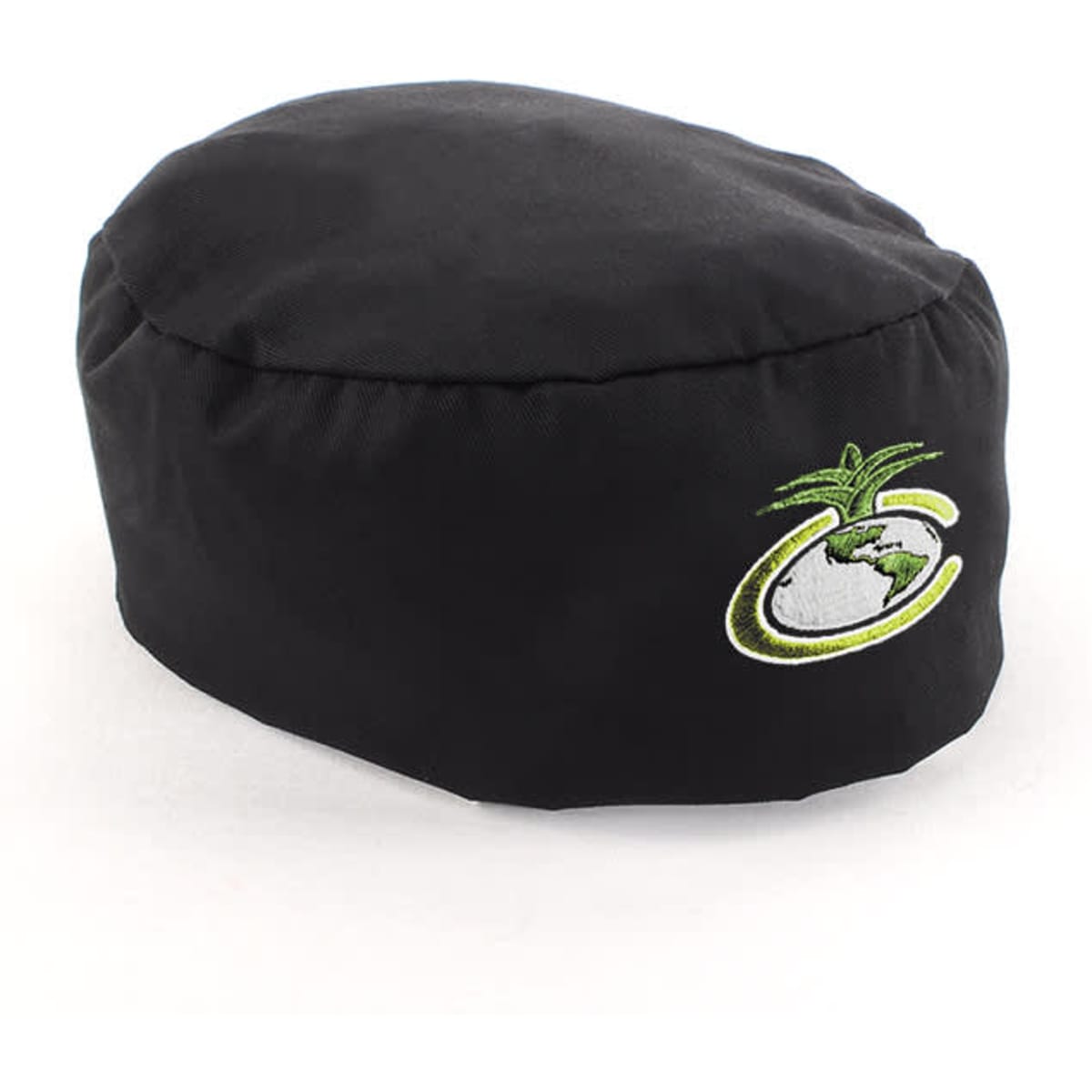 A black polycotton chef's hat featuring an embroidered logo, with a rounded design and a smooth finish.