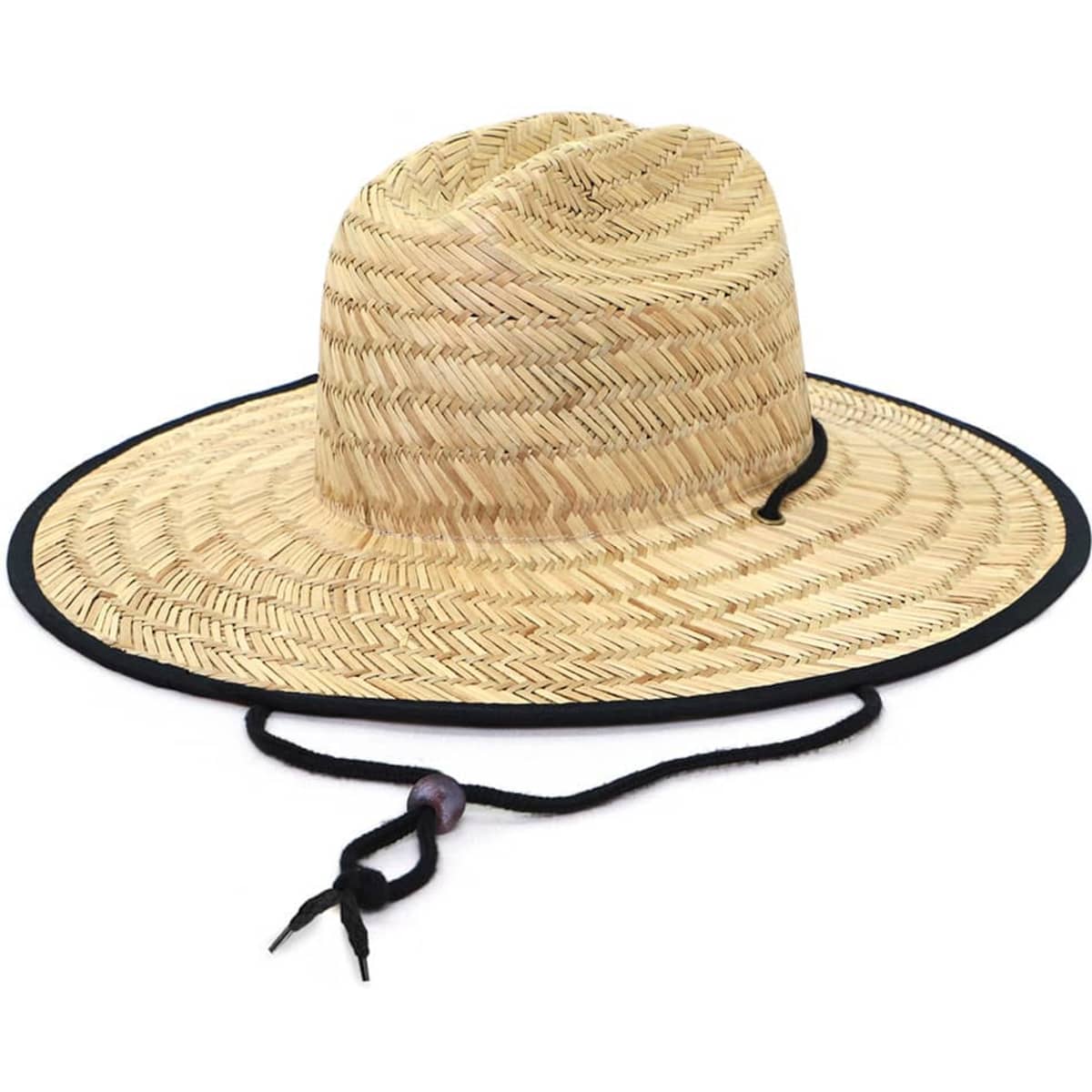 A straw hat with a wide brim and black chin strap, featuring a textured woven pattern.