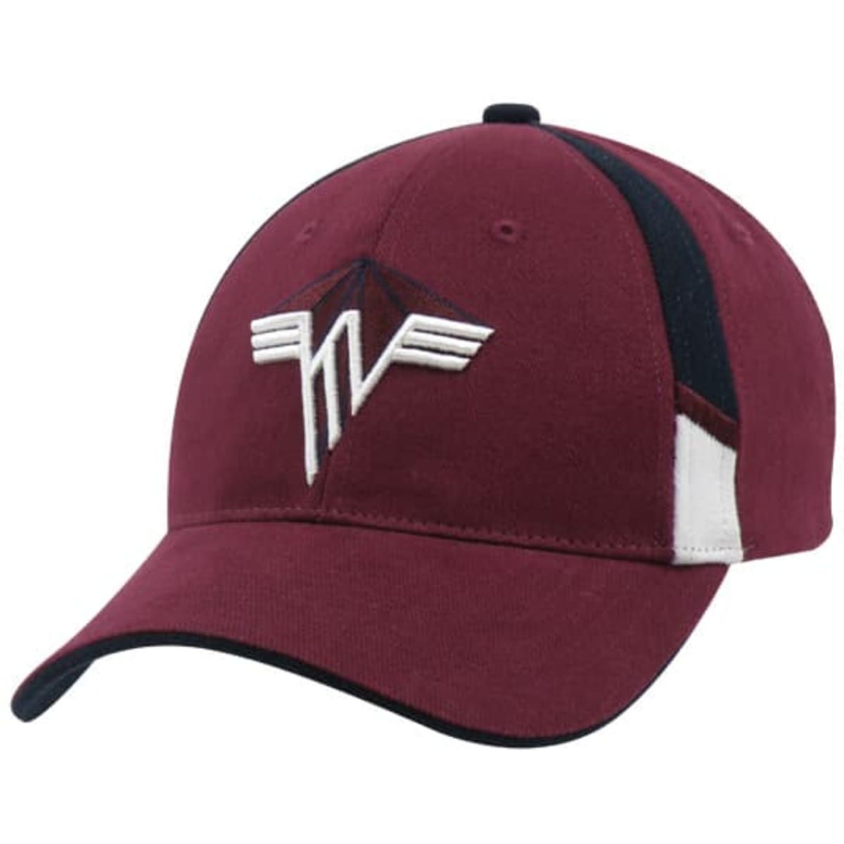 A maroon cap featuring a logo, with black and white accents on the sides and a curved brim.