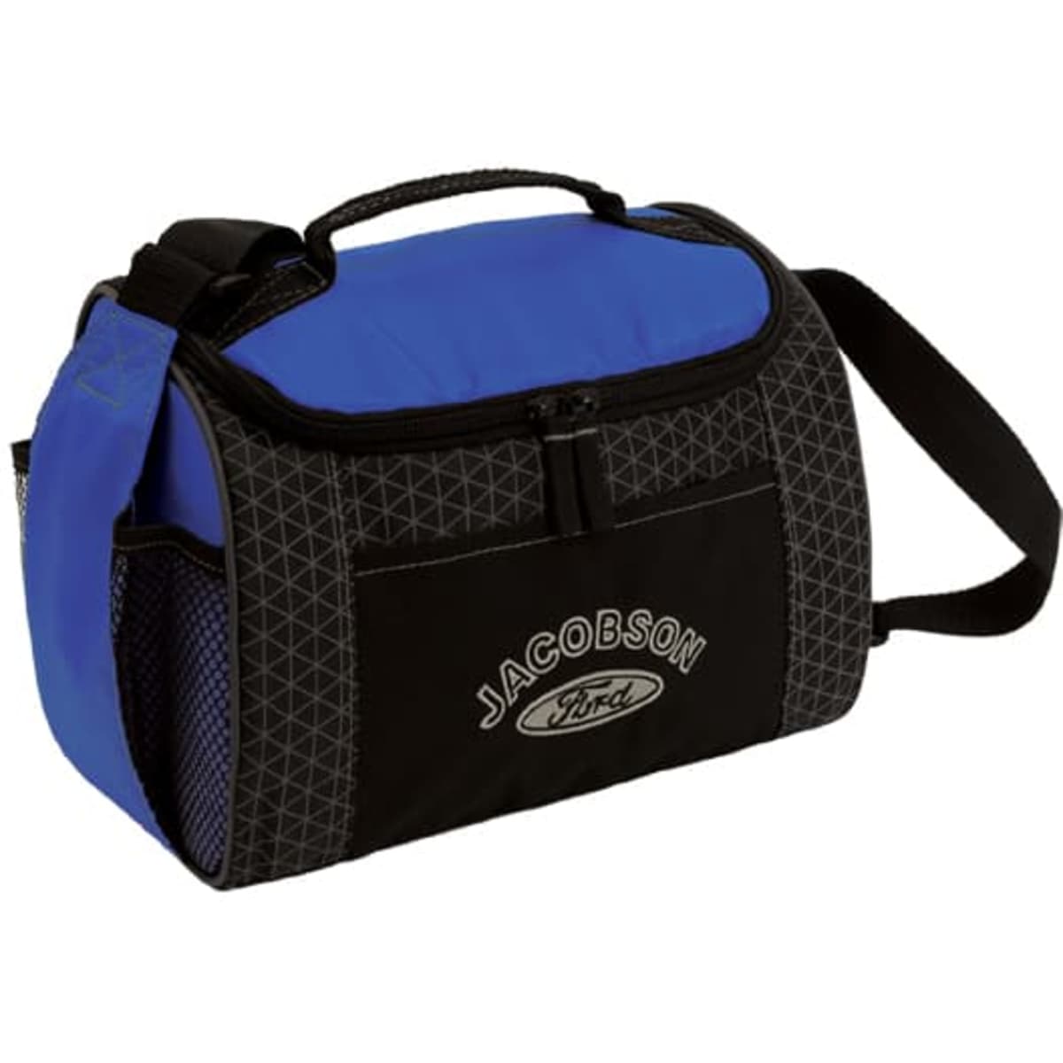 A lunch bag in blue and black with a logo, featuring a zippered top and a shoulder strap.