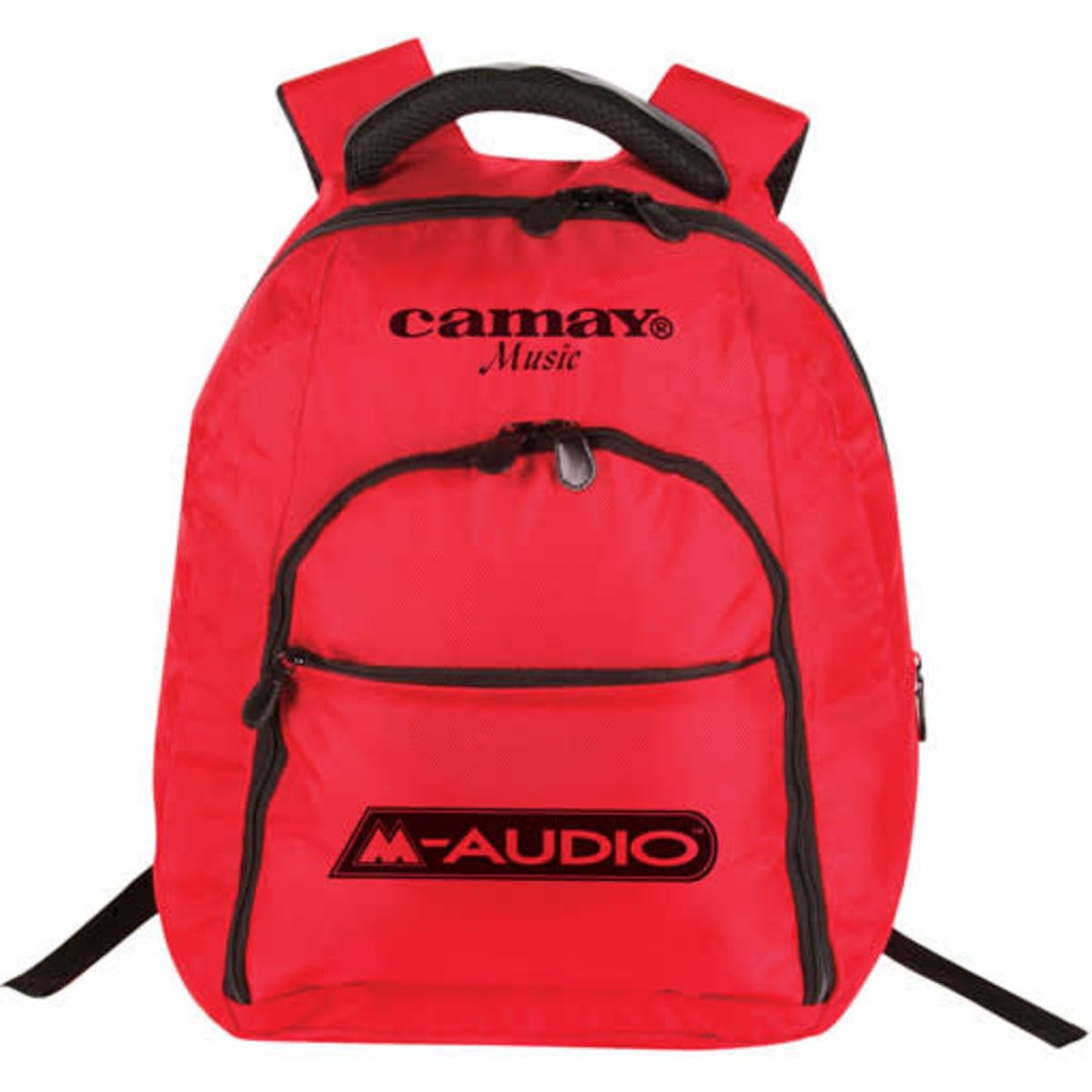 A red backpack with black accents, featuring zippers and an external pocket, has logos on the front.