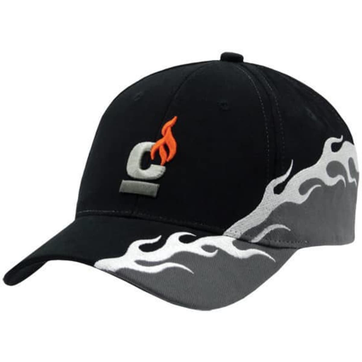 A black cap featuring a flame design in grey and orange, with an emblem on the front.