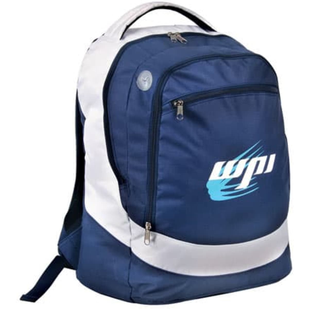 A navy blue and white backpack featuring a logo, with multiple compartments and adjustable straps.